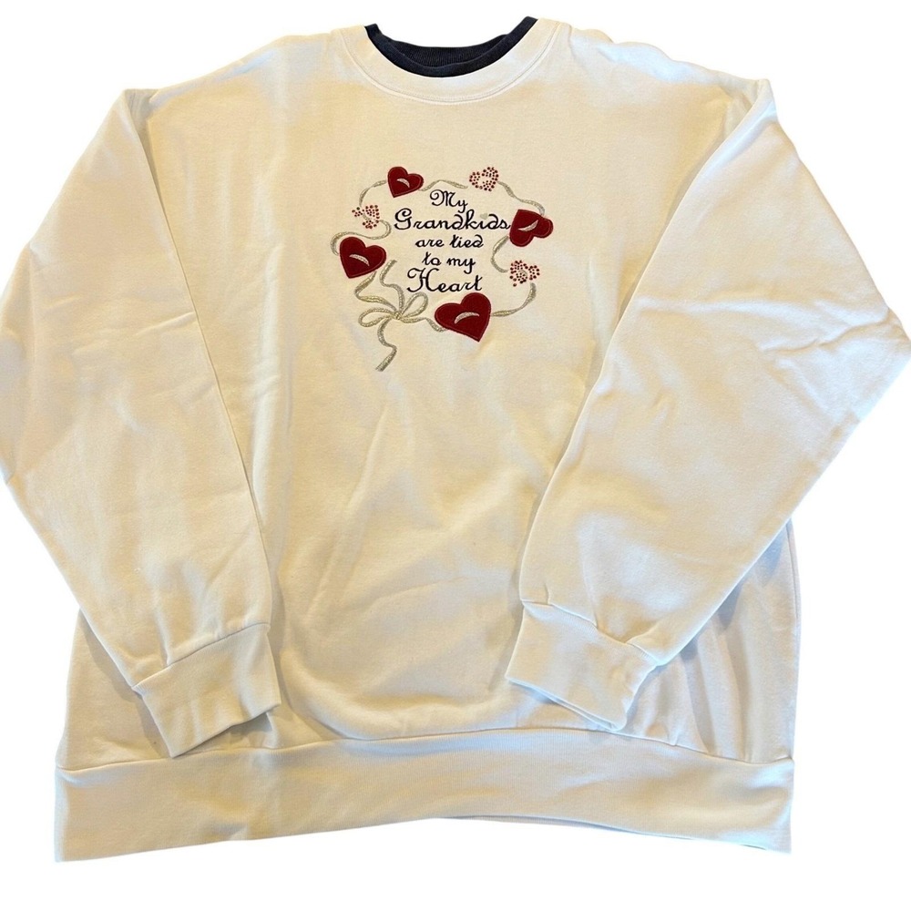 MC Sportswear Sweatshirt Women XL White Grandkids Hearts Embroidered Cottagecore